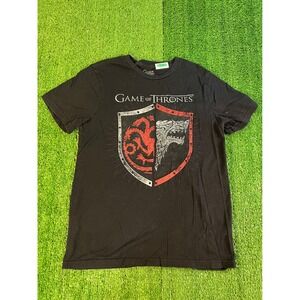 Game of Thrones Mens Small Black Graphic T-Shirt Stark Targaryen Shield HBO Tee